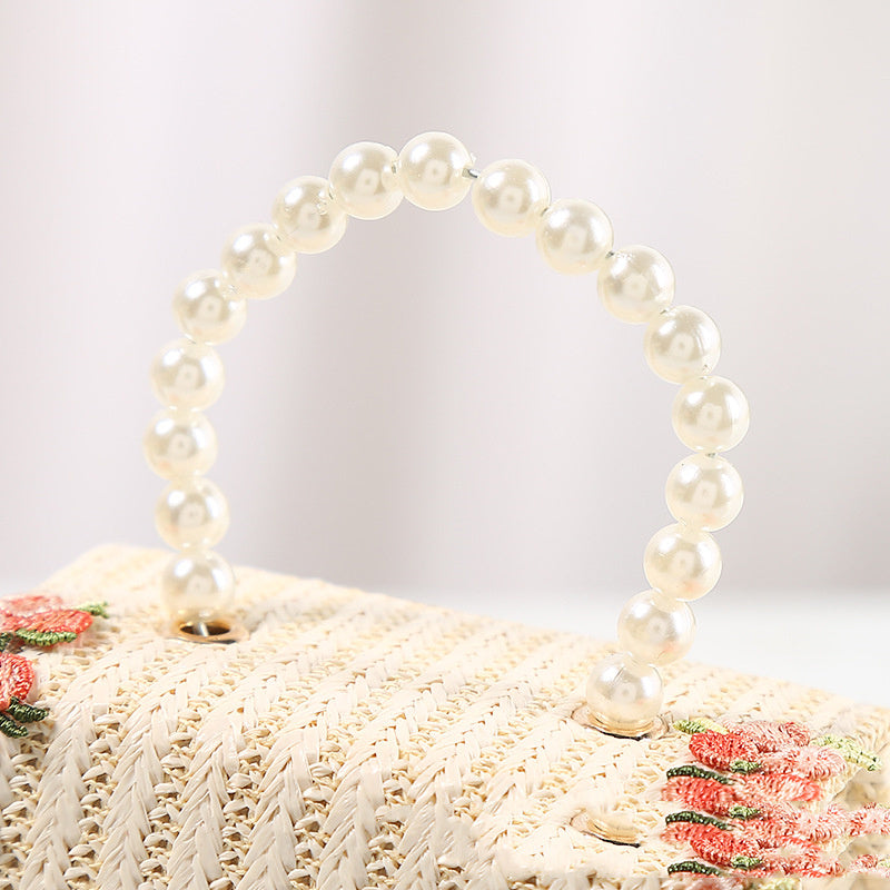 Lace Style Straw Bag With Pearl Portable Diagonal Cross Cute