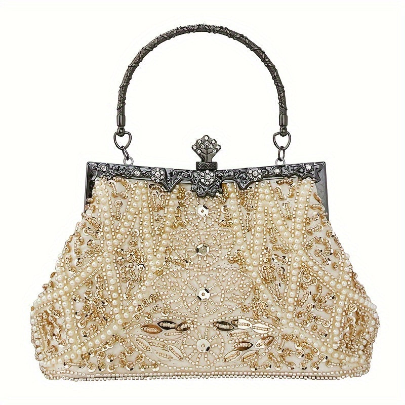 Luxurious Faux Pearl and Diamond Kiss Lock Clutch Bag - Floral Handle, Party Bag, Metal Chain Strap, Glamorous Evening Purse with Sparkling Accents - Perfect for Weddings, Proms, and Formal Events