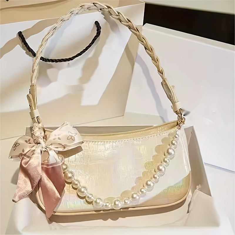 Chic Laser Pearl-Embellished Crossbody Bag for Women - Adjustable Strap, Fashionable Faux Leather Shoulder Purse with Zip Closure, Casual Style, Polyester Lined