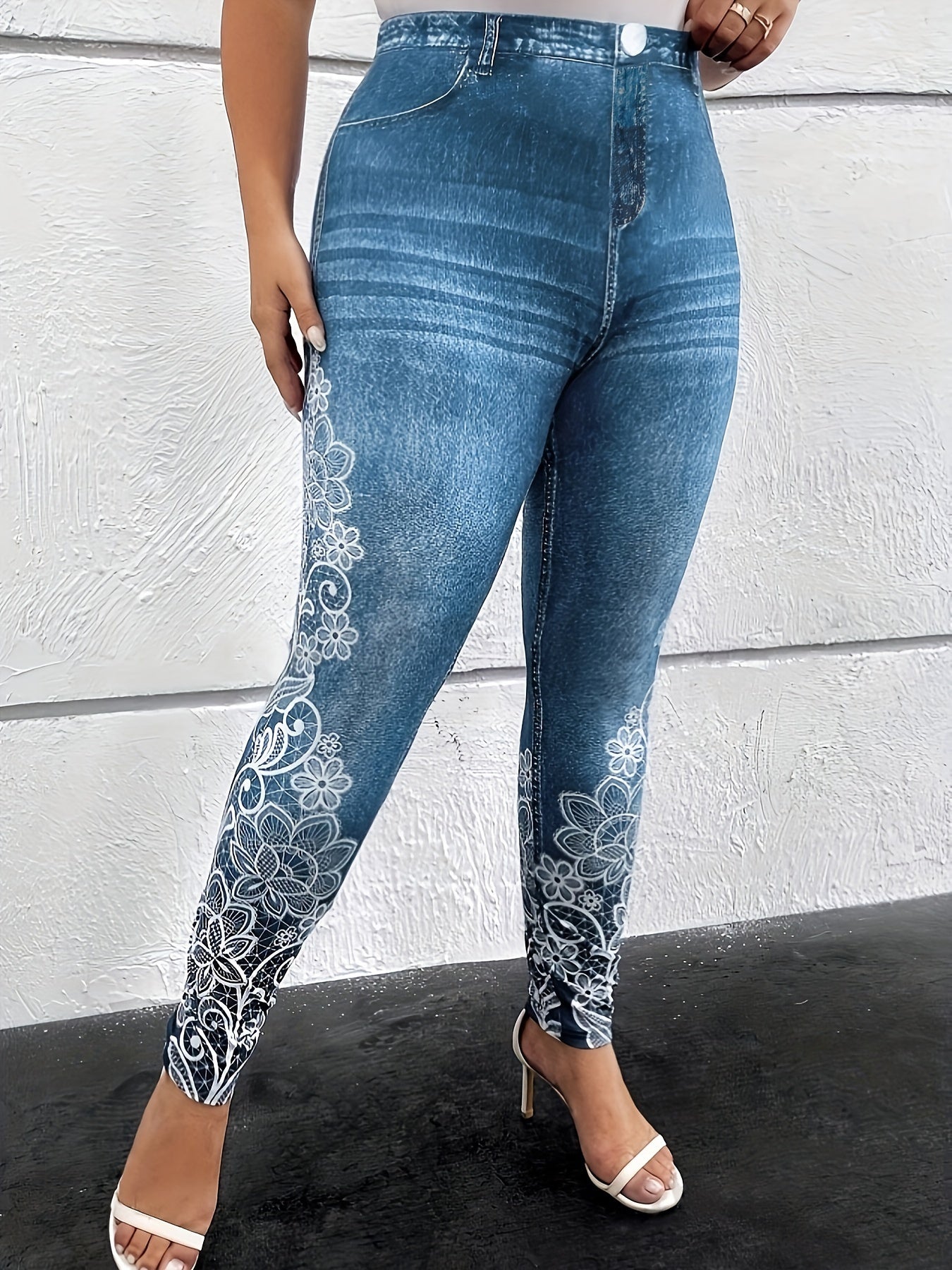 Stylish Plus Size Faux Denim Floral Print Leggings - Women's Plus Size Leggings with Casual Zip Up Slant, Dual Pockets, and Skinny Fit for Spring and Summer Fashion