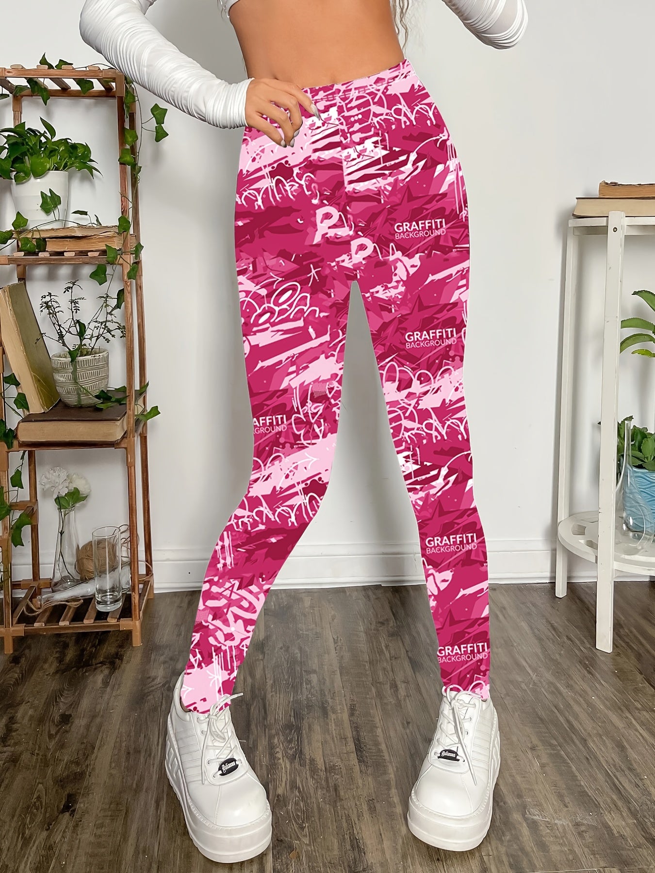 Casual Skinny Leggings, Graffiti Print Every Day Stretchy Women's Clothing