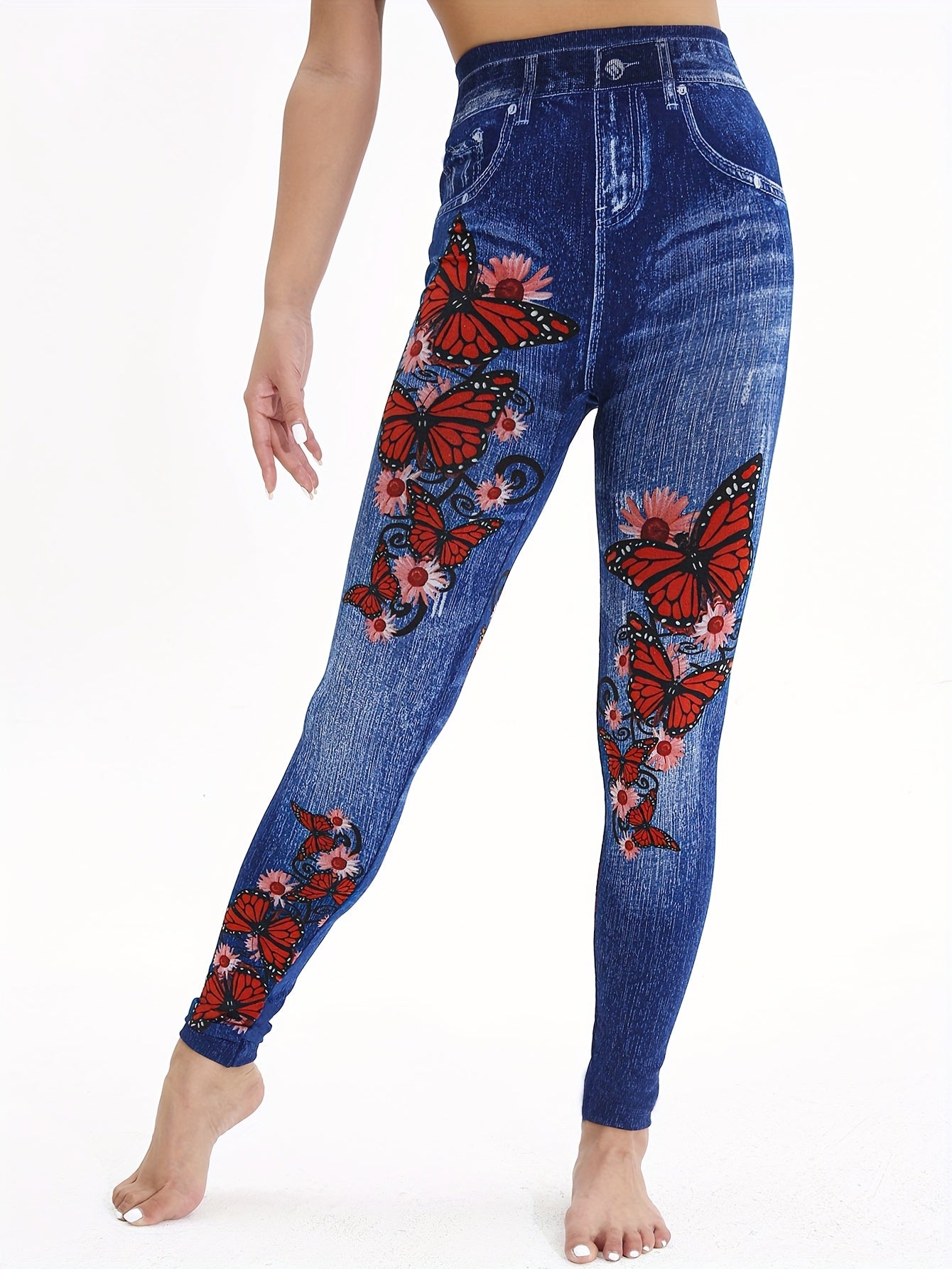 Chic Butterfly Print Faux Denim Leggings - High Stretch, Slimming Yoga & Workout Pants for Women, Machine Washable