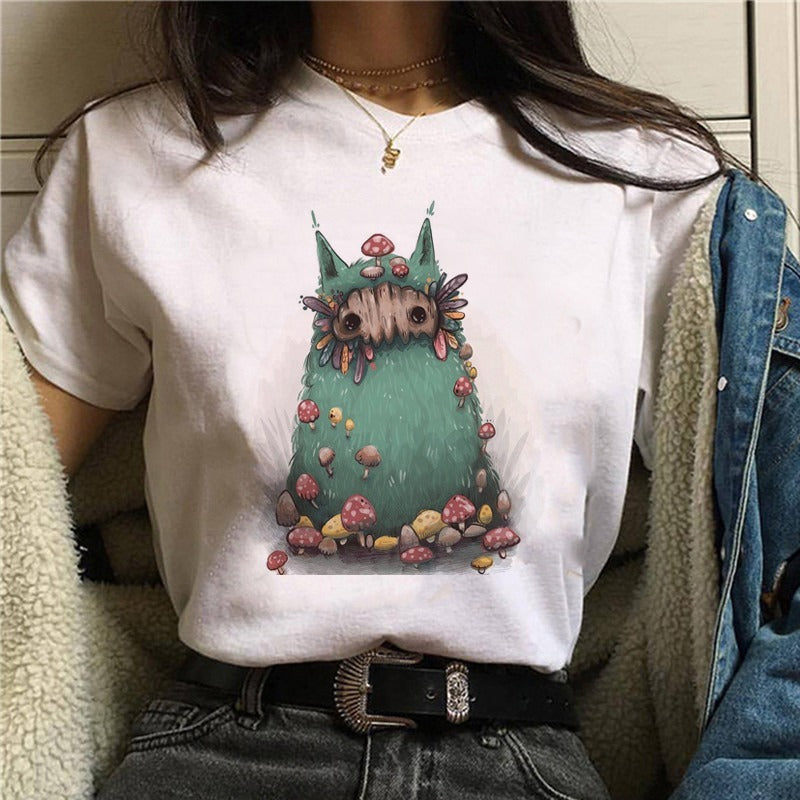 Cartoon Cat Mushroom Halloween Print T-shirt Short Sleeve-Aria Doejay