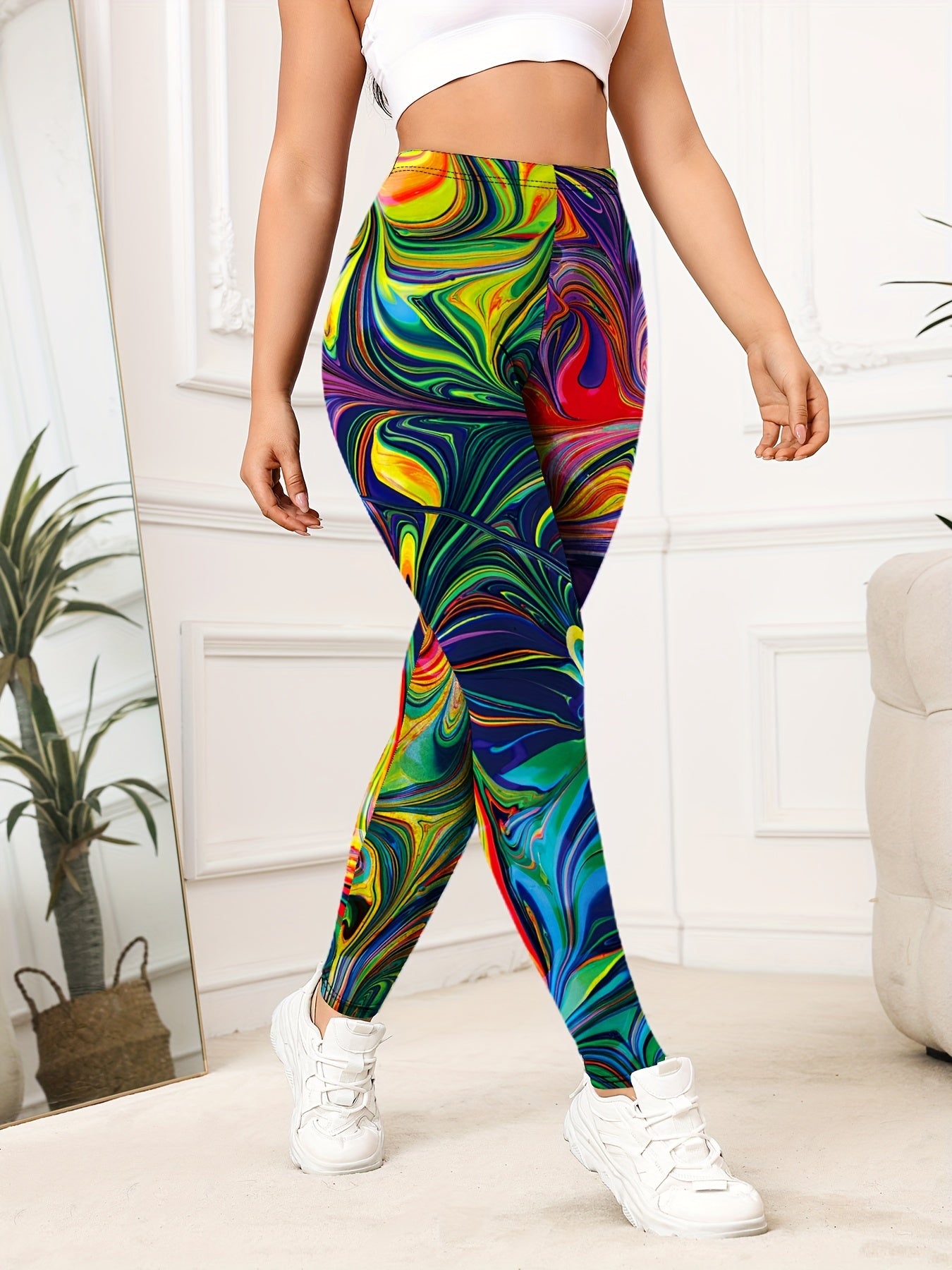 Women's High-Waist Yoga Leggings with Colorful Gradient Swirl Print - Stretchy, Non-See-Through Activewear for Fitness & Training