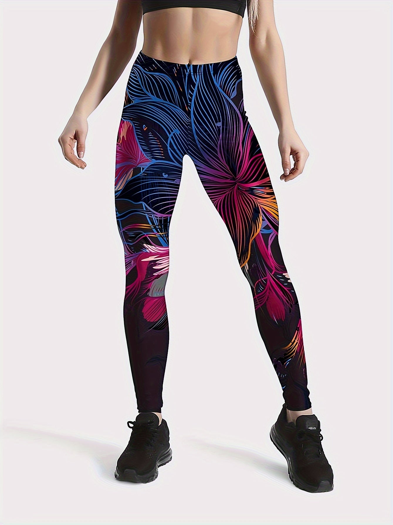 Flower Print Mid-waisted Yoga Pants, Fashion Color Block Fitness Workout Sports Leggings, Women's Activewear