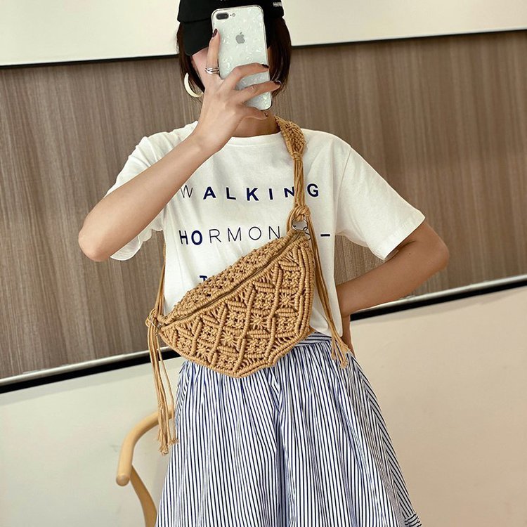 Paper Rope Crocheted Flower Tassel Waist Straw Bag