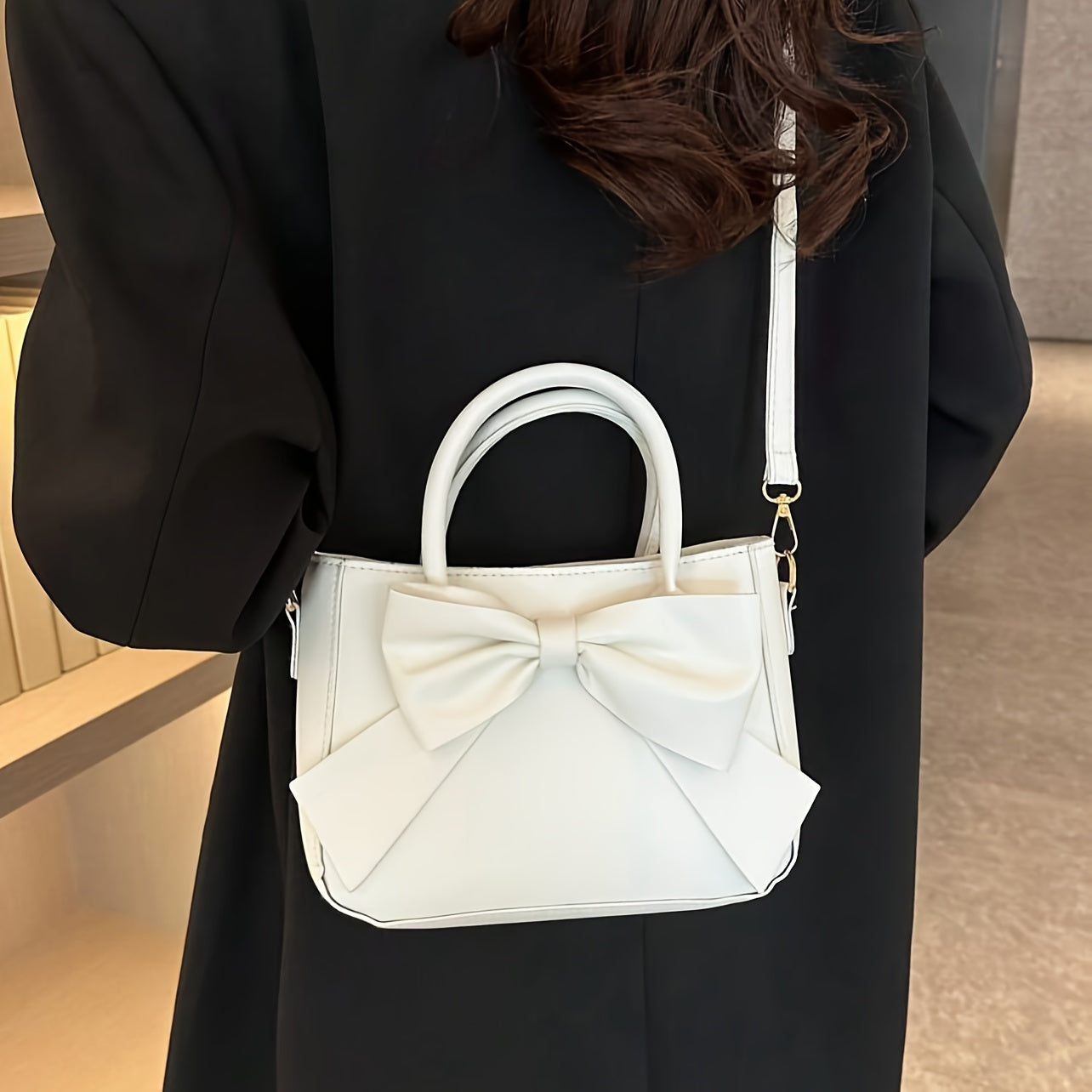 Chic Bowknot Accent Handbag - Timeless Solid Color Crossbody Style - Sturdy Double Handles for Women