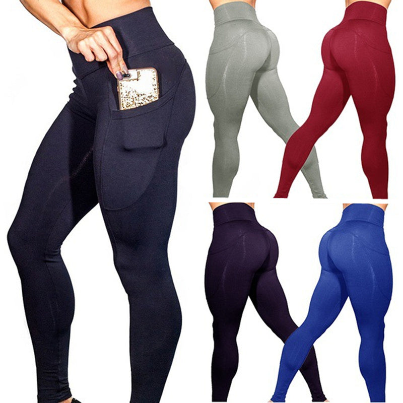 Mobile phone pocket leggings female solid color high elastic yoga hip high waist yoga pants-Aria Doejay