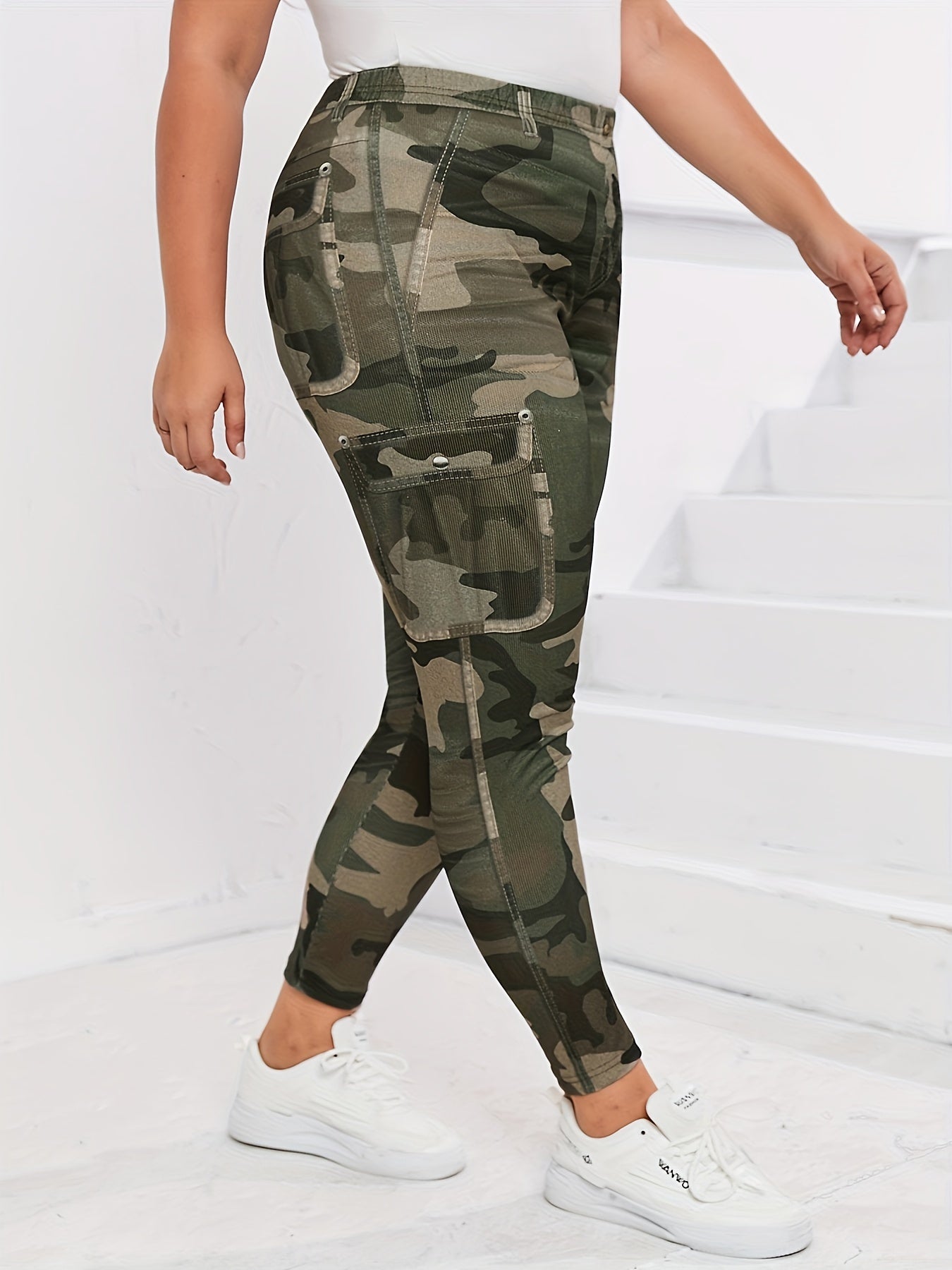 Stretchy Plus Size Camo Print Skinny Leggings - High Waist, Comfortable, Soft, and Breathable Leggings for Spring & Summer - Women's Plus Size Clothing for Curvy Figures