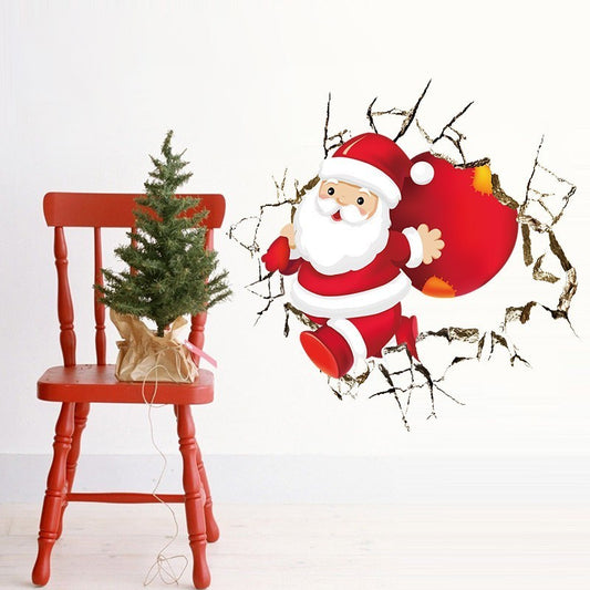 New Cute Santa Claus Broken Wall Merry Christmas Wall Stickers Living Room Home Decor 3d Vinyl New Year Wall Decal Wallpaper-Aria Doejay