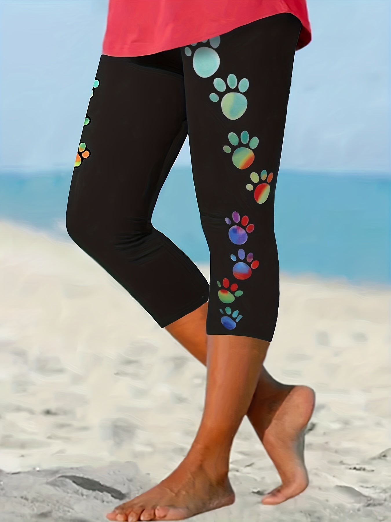 Plus Size Casual Leggings, Women's Plus Paw Print Slight Stretch Skinny Capri Leggings