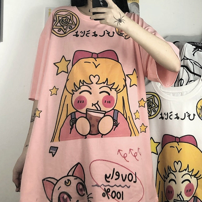 Korean Style Net Red Cartoon Print Short-Sleeved T-shirt-Aria Doejay