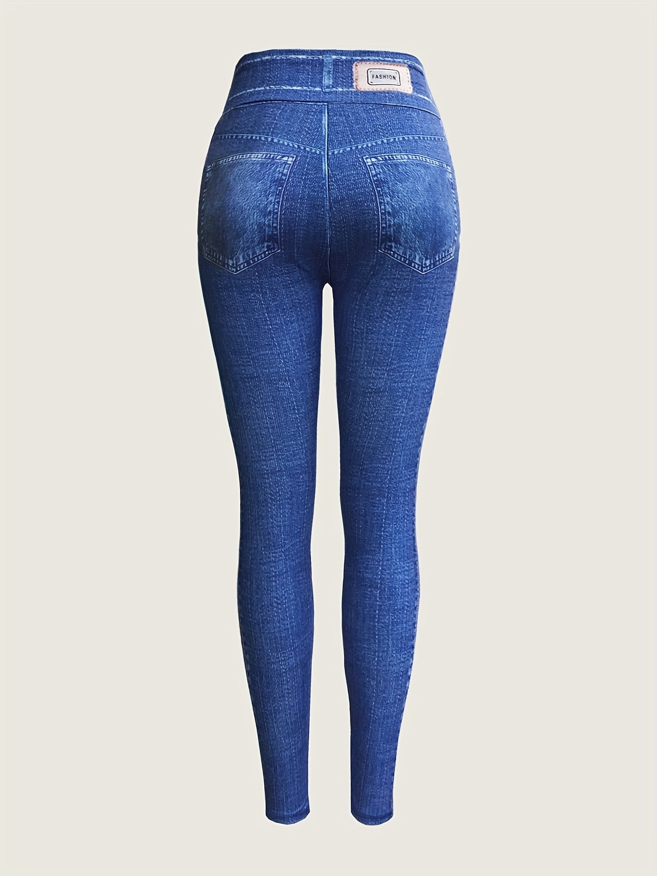 Women's High-Waist Faux Denim Print Leggings - Comfortable & Stretchy, Perfect for Casual Attire, Machine Washable