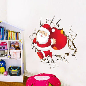 New Cute Santa Claus Broken Wall Merry Christmas Wall Stickers Living Room Home Decor 3d Vinyl New Year Wall Decal Wallpaper-Aria Doejay