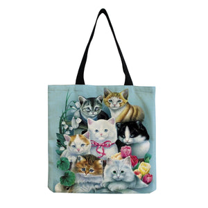 Cat Printed Cotton And Linen Shopping Bag