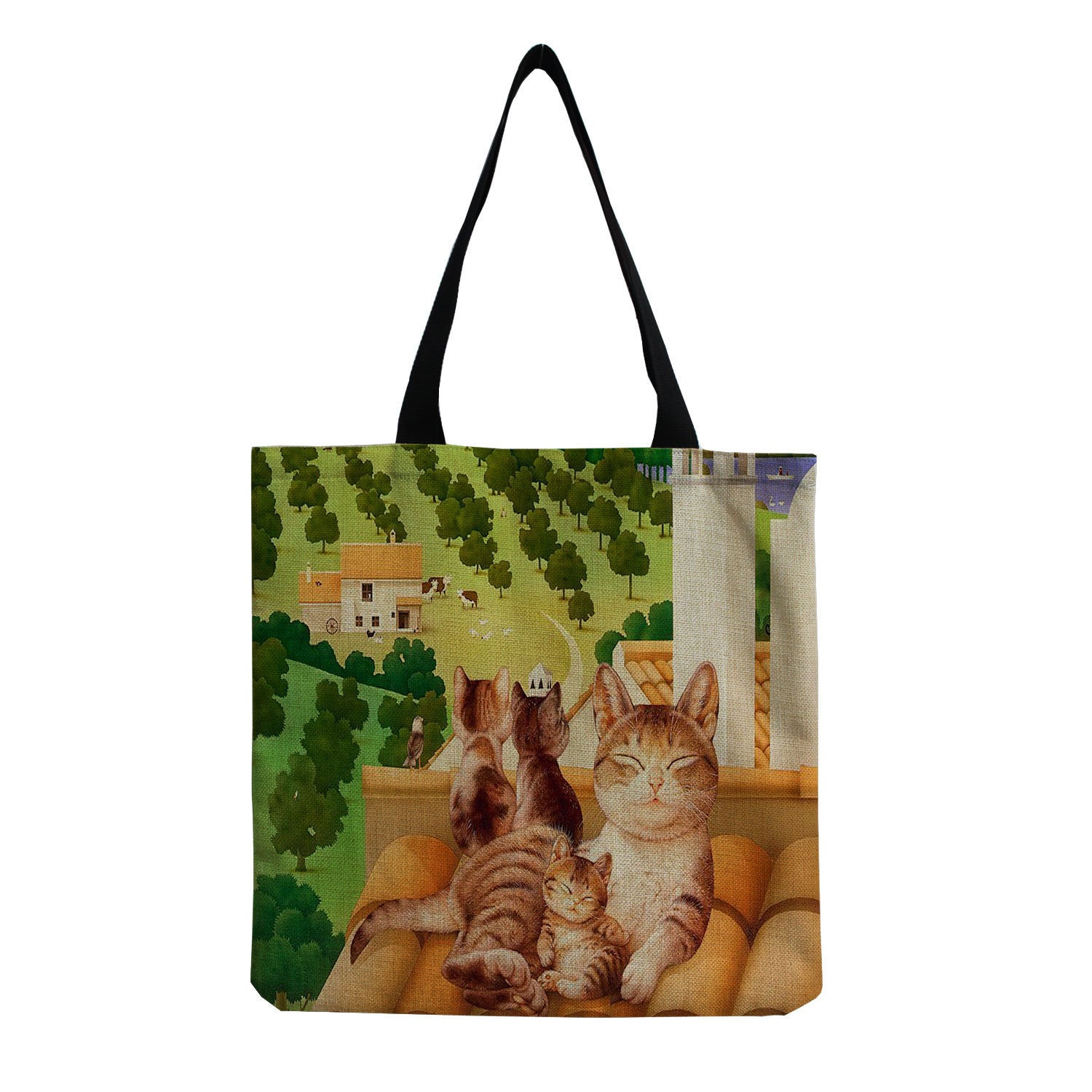 Cat Printed Cotton And Linen Shopping Bag