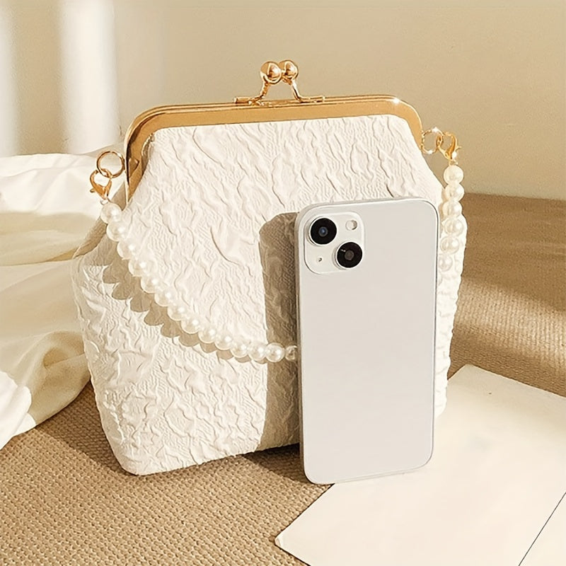 Elegant Style Solid Color Crossbody Bag with Chain Strap, PVC Material and Polyester Lining, Occasion-Themed Pearl Handle Satchel with Buckle Closure (2024 New Collection)