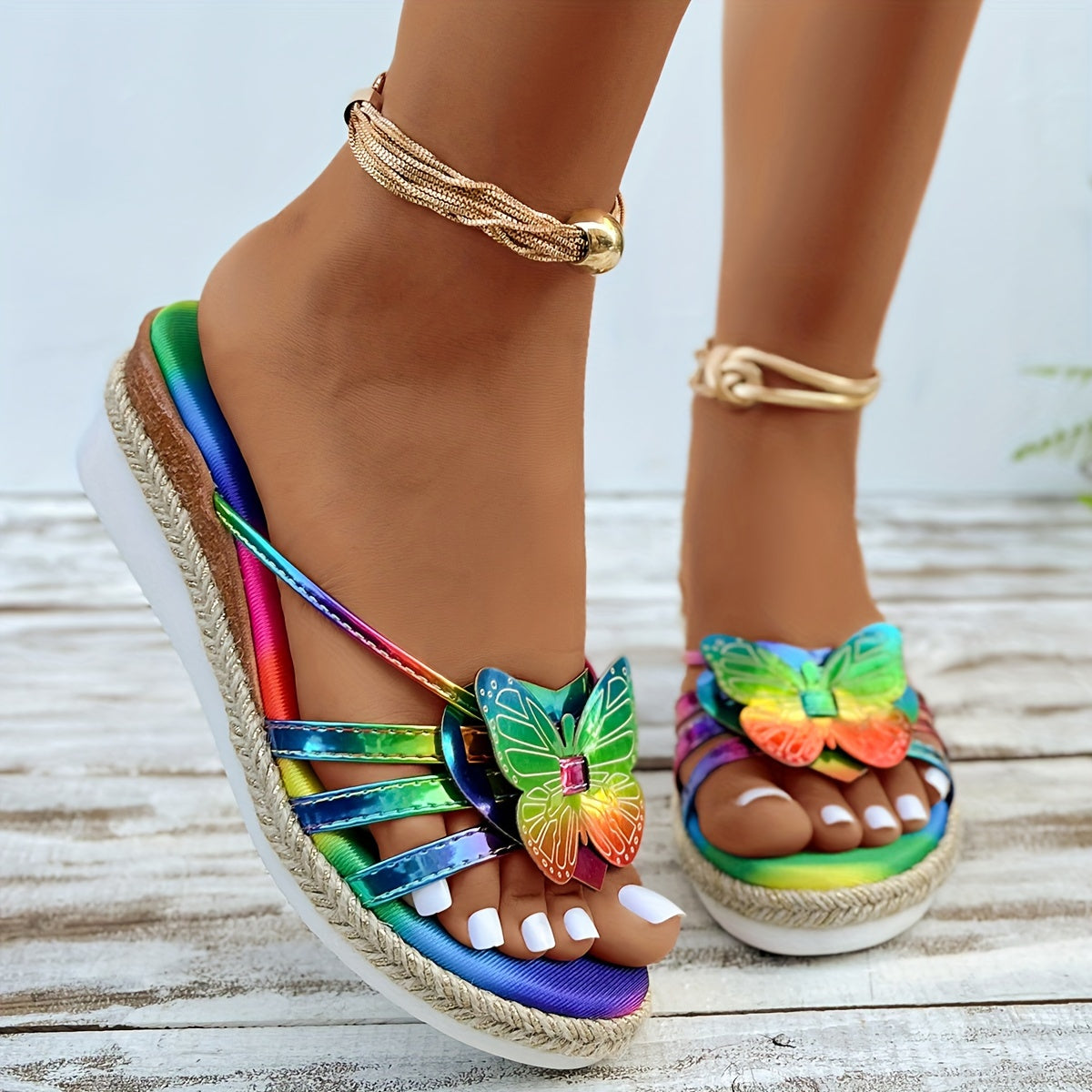 Vibrant Butterfly Wedge Slides - Women's Platform Slip-On Walking Slides - Comfortable Vacation Espadrilles with Colorful Butterfly Embellishments and Wedge Heel for Summer Outings and Beach Trips