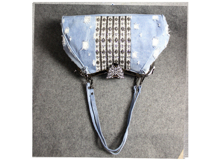 Light Blue Denim Butterfly Clip Diamond Crossbody Bag