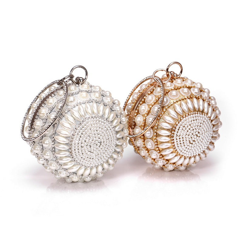 New ladies fashion bag small round bag popular pearl evening bag clutch bag evening bag metal bag female