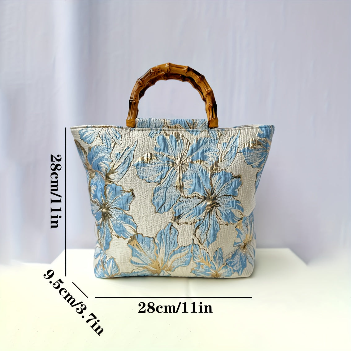 Floral Embroidered Canvas Tote Bag with Bamboo Handle, Large Capacity, Handmade, Zipper Closure, Ethnic Style, Women's Fashion Handbag, Washable, No Oil Edging