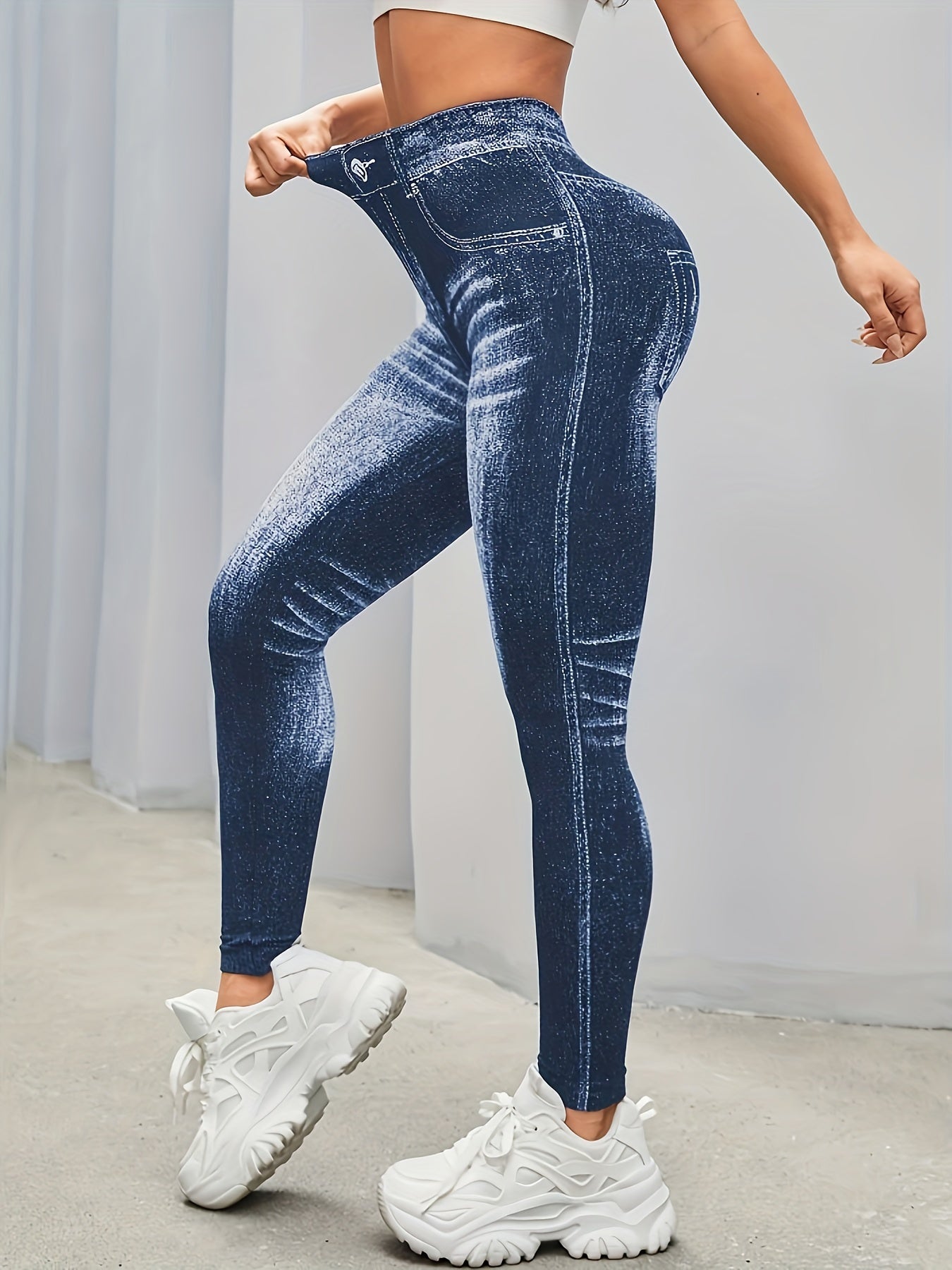 High Waist Skinny Leggings, Faux Denim Print, Casual Every Day Stretchy Leggings, Women's Clothing