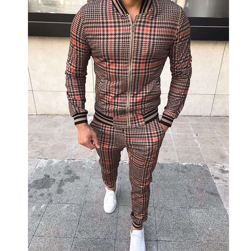 New Men's Leisure Suits Tracksuits Men Grid Two-piece Patchwork Zipper Tracksuits Small leg Trouser Sportswear New Man Sets-Aria Doejay