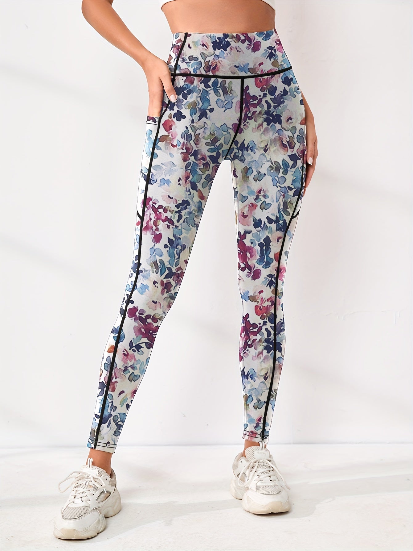 Women's Yoga Pants With Floral Print, Quick-Drying, High Waist, With Pocket, Lift Butt, For Fitness And Gym