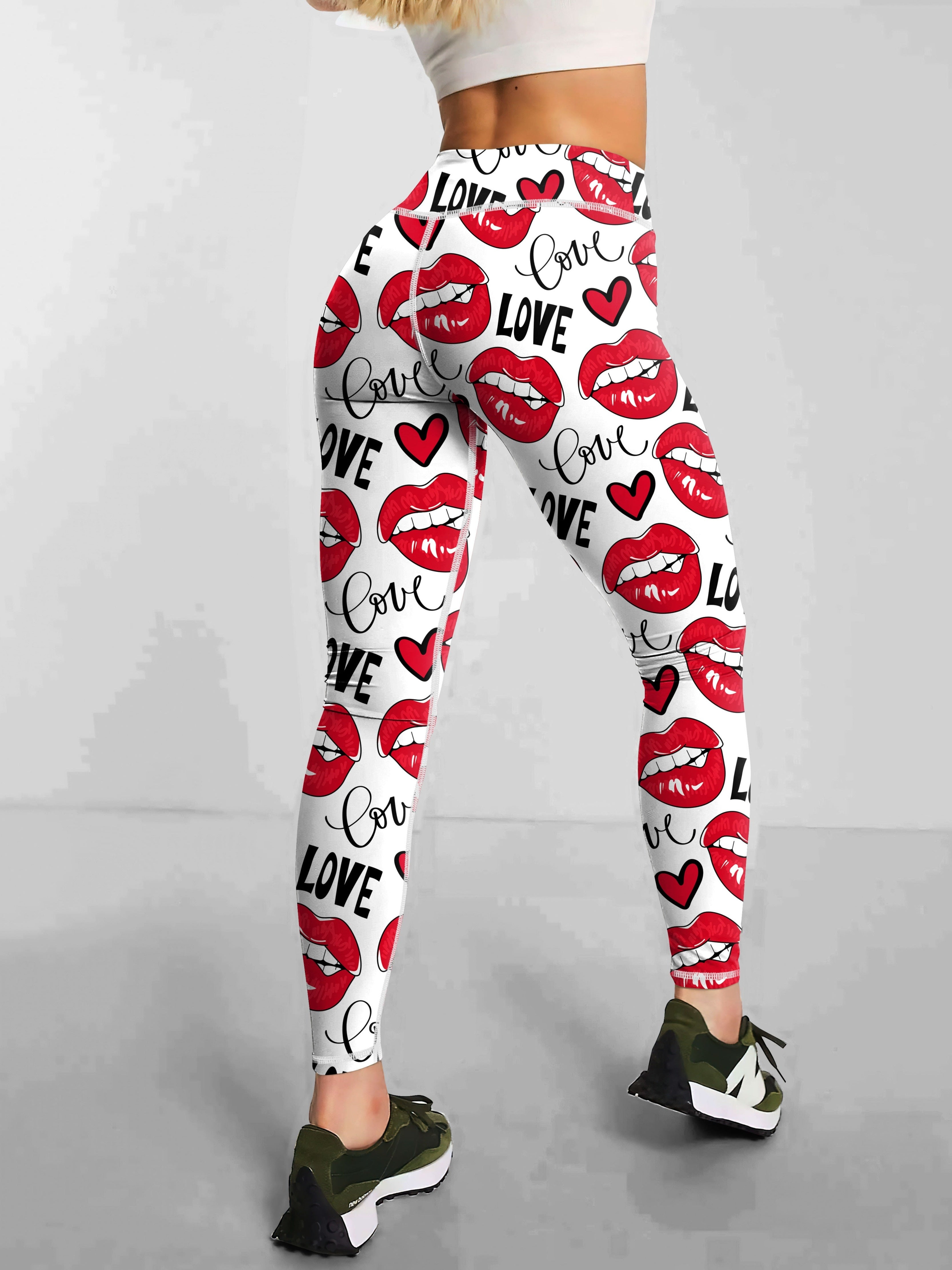 High Waist Elastic Women's Printed Valentine's Day Yoga Leggings, Love & Lipstick Tummy Control Casual Sports Pants, Comfortable Fitness Workout Running Athletic Style