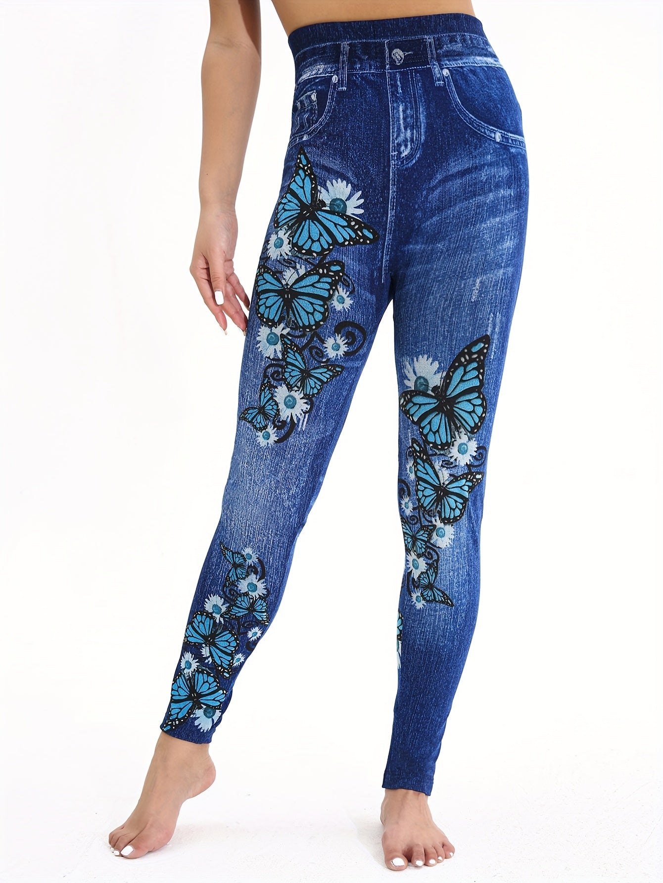 Chic Butterfly Print Faux Denim Leggings - High Stretch, Slimming Yoga & Workout Pants for Women, Machine Washable