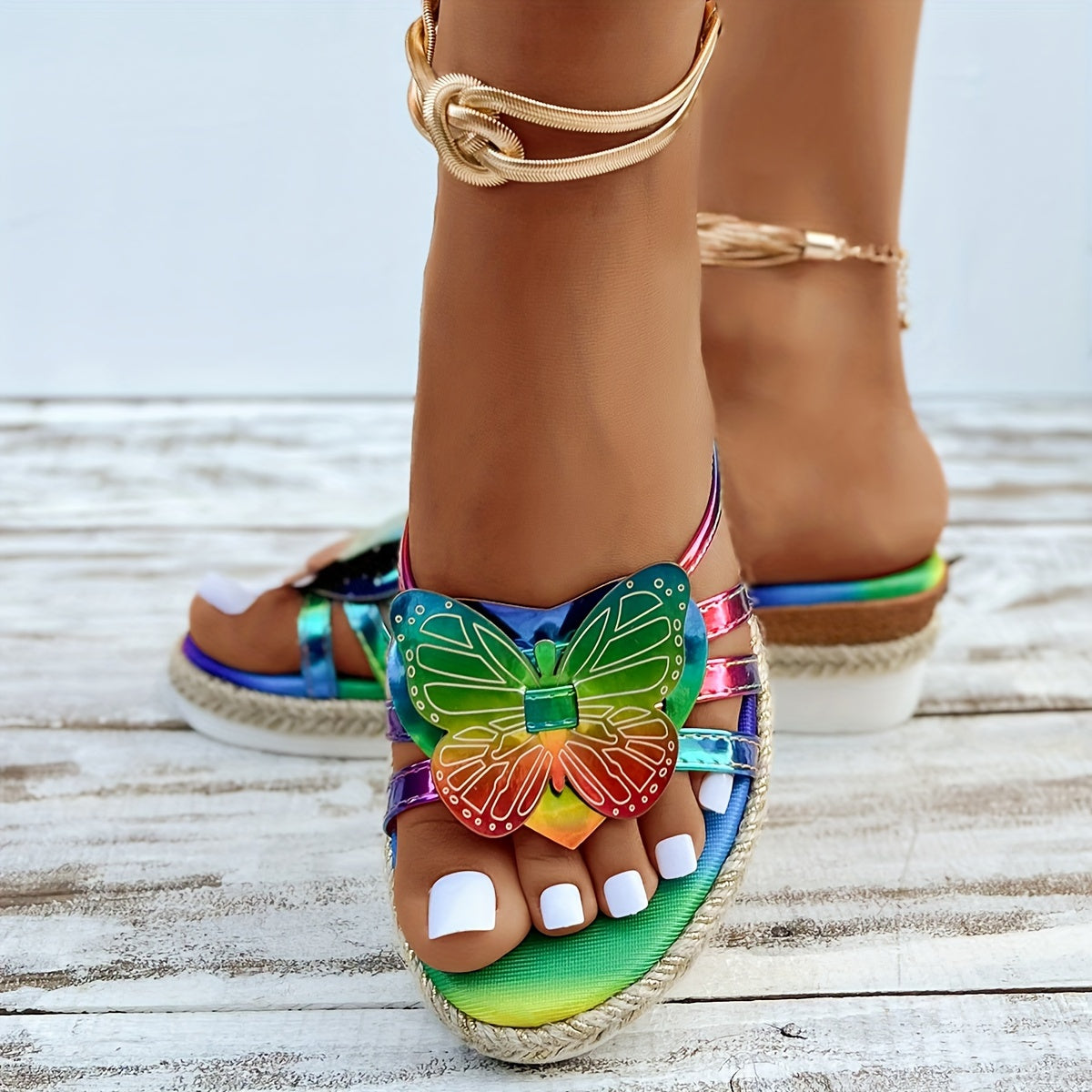 Vibrant Butterfly Wedge Slides - Women's Platform Slip-On Walking Slides - Comfortable Vacation Espadrilles with Colorful Butterfly Embellishments and Wedge Heel for Summer Outings and Beach Trips