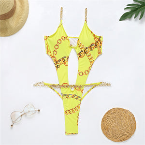 New Printed One-piece Bikini Metal Chain Swimsuit-Aria Doejay