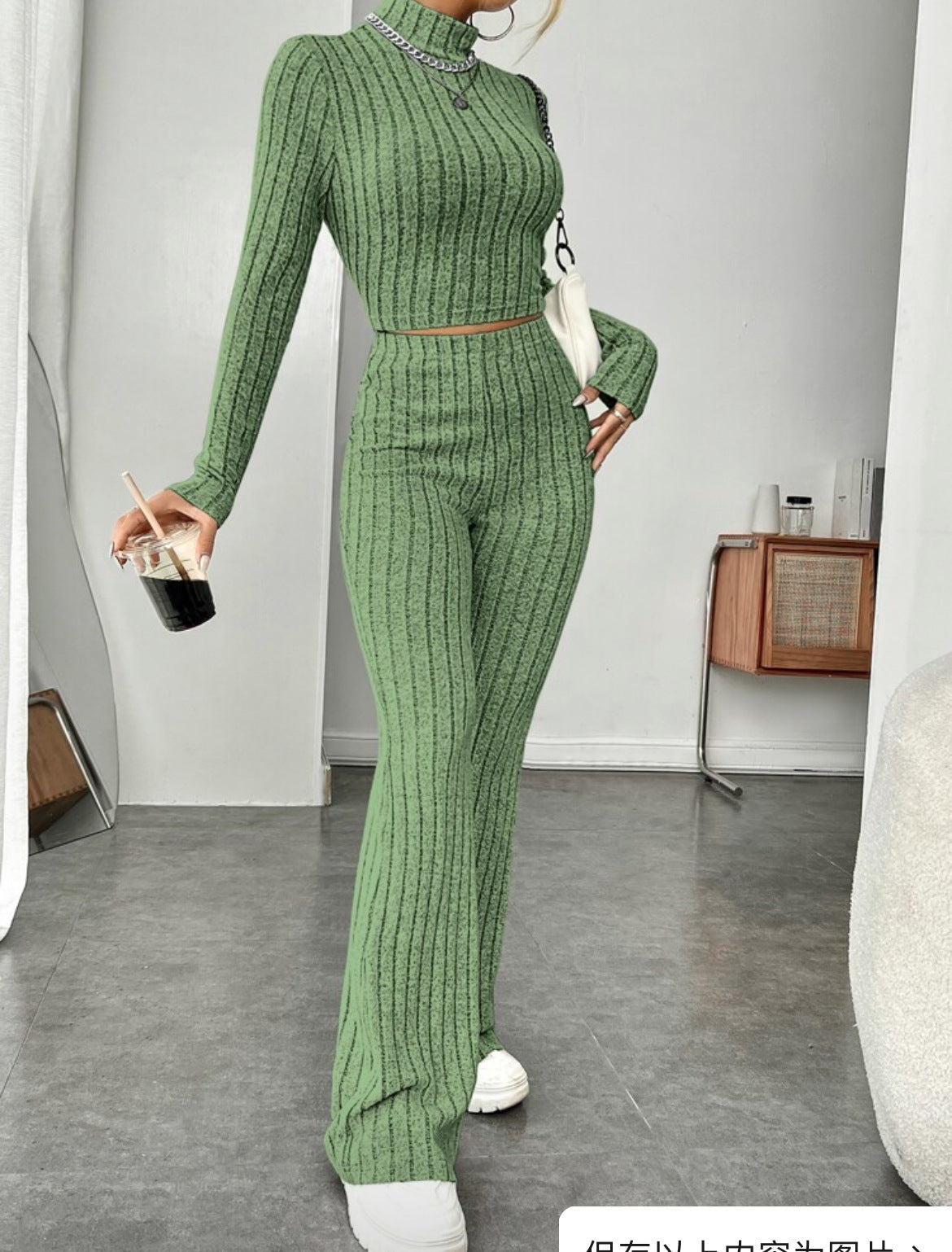 Long Sleeve Turtlenecks Wide Leg High Waist Trousers Suit-Aria Doejay