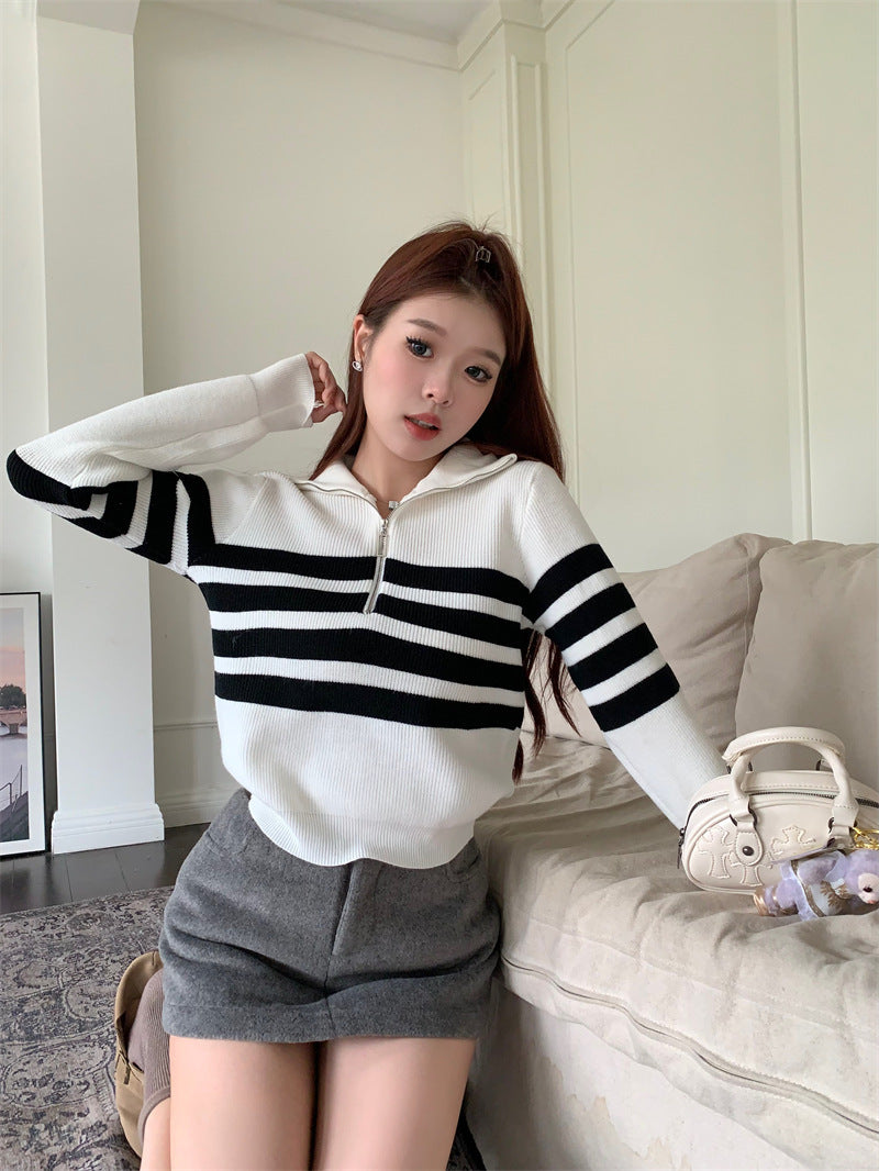 Contrast Color Striped Zipper Pullover Long Sleeve Sweater-Aria Doejay