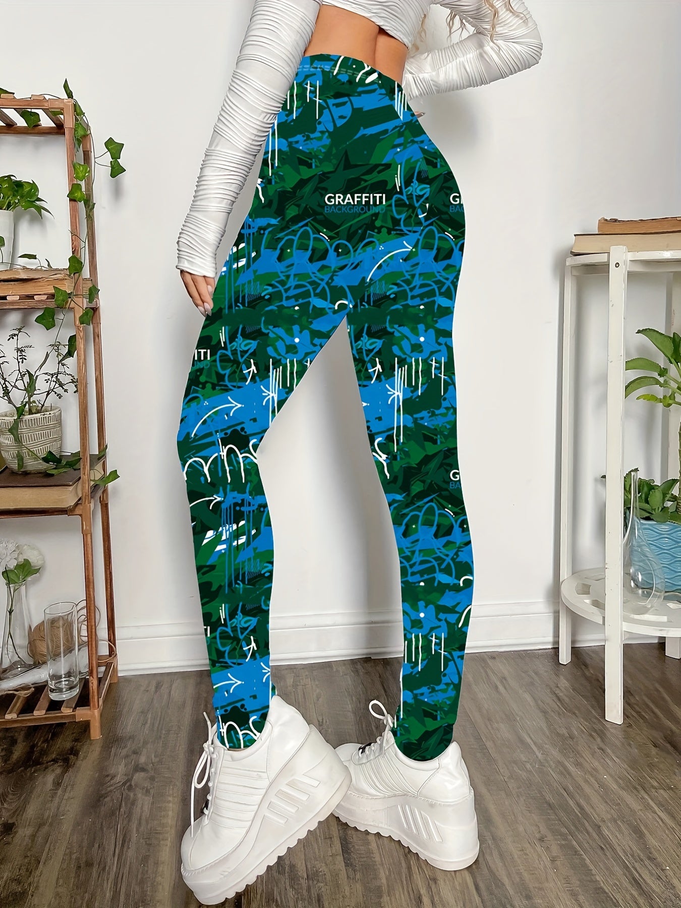 Casual Skinny Leggings, Graffiti Print Every Day Stretchy Women's Clothing