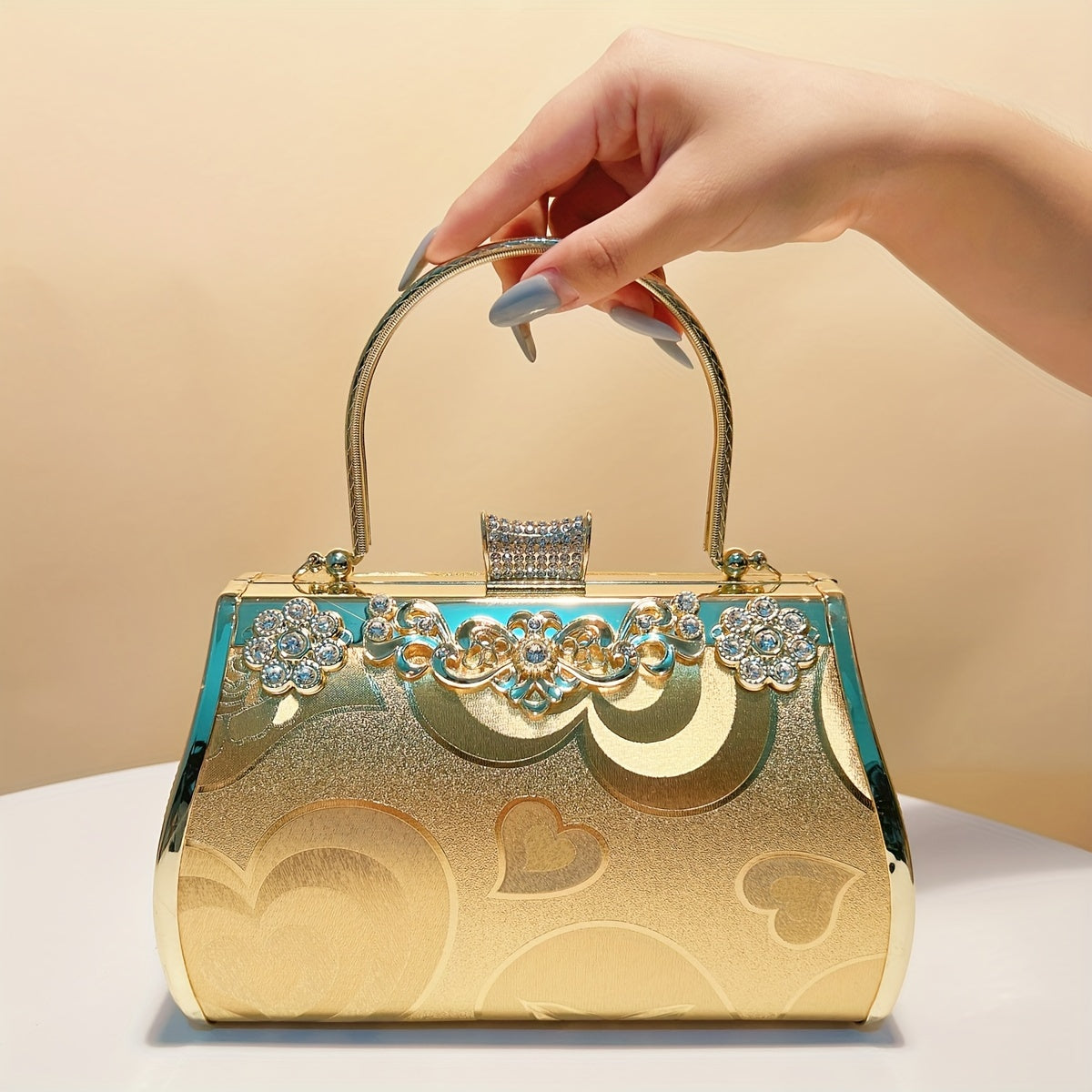 Elegant Golden Evening Clutch Bag with Glitter, Faux Leather Metal Handbag with Rhinestone and Pearl Embellishment, Buckle Closure, Polyester Lined, Lightweight with Fixed Shoulder Straps for Party - Guangzhou