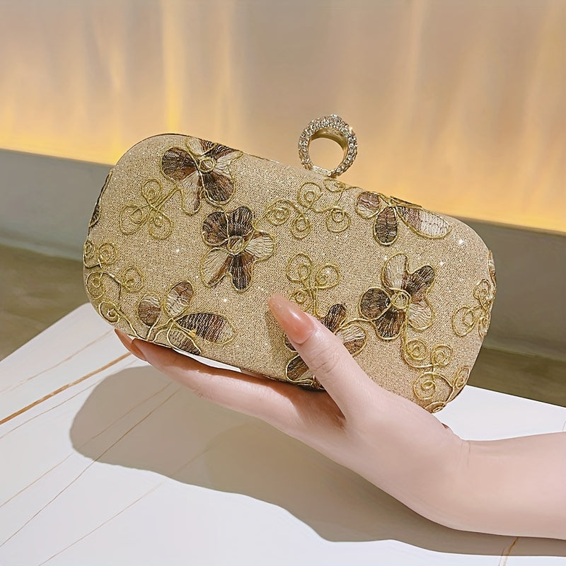 Golden Evening Clutch Purse, Classic Floral Embroidered Dinner Bag, Formal Banquet Bag For Wedding Party Prom