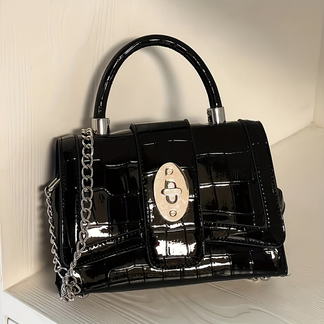 Women's Fashion Chain Strap Motorcycle Bag, Trendy Small Crossbody Shoulder Handbag, Elegant Glossy PU Bag