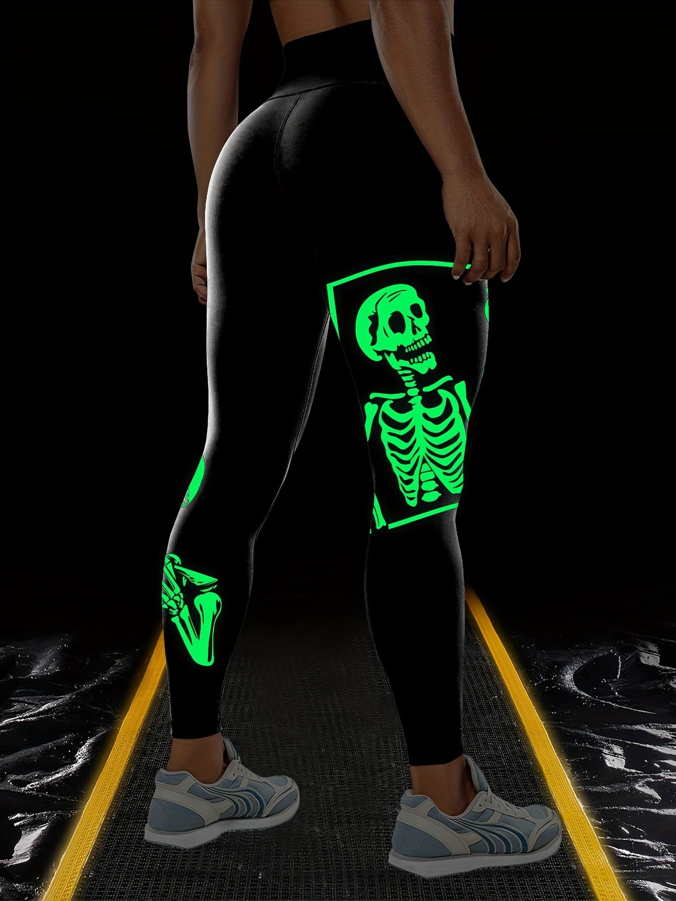 Fluorescent Skull Halloween Printed Sports Yoga Leggings, High Waist Workout Running Sports Tight Pants, Women's Activewear Carnaval & Music Festival