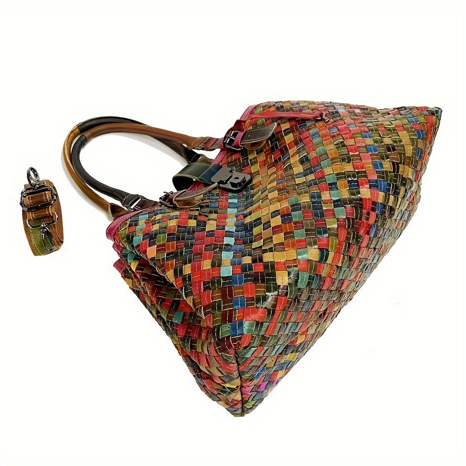 Cross-border Ladies Woven Bag, Genuine Leather Women's Bag, Cowhide Colorful Retro Casual Ethnic Style Women's One-shoulder Hand-worn Crossbody Bag