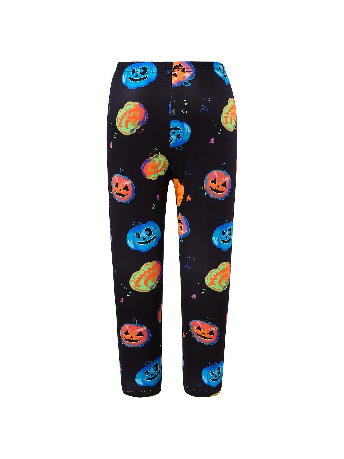 Girls' Halloween Glow-In-The-Dark Pumpkin Leggings - Stretchy, Casual Style For Spring/Fall, Machine Washable