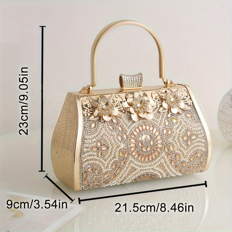 Elegant Golden Clutch Handbag with Rhinestones, Geometric Pattern, Polyester Lining, PU Material, Anti-Stain, Non-Washable, Detachable Shoulder Strap, Fashionable Evening Purse for Women