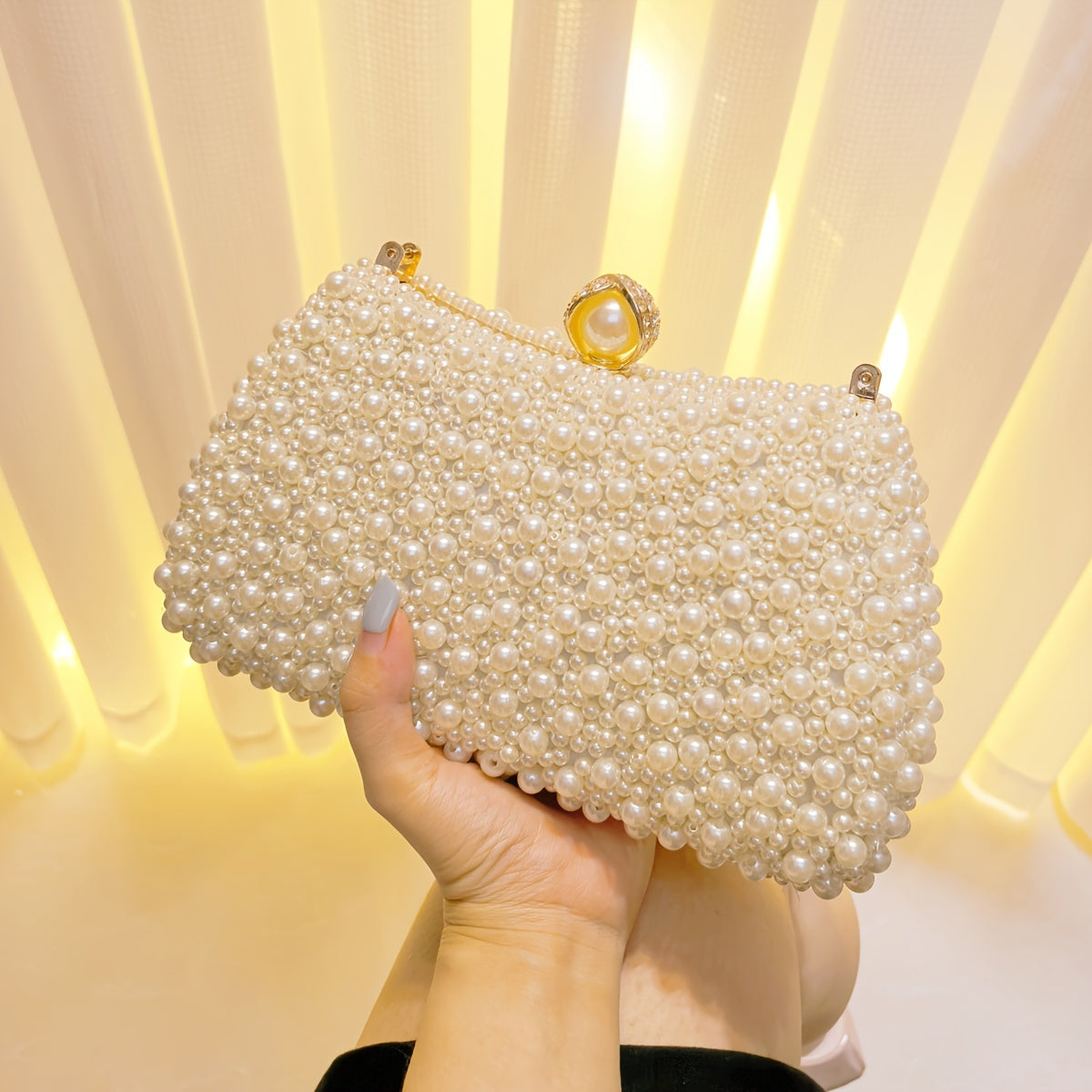 Elegant Pearl & Rhinestone Evening Clutch - Vintage-Inspired Bridal Purse with Detachable Chain Strap, Perfect for Weddings and Formal Events