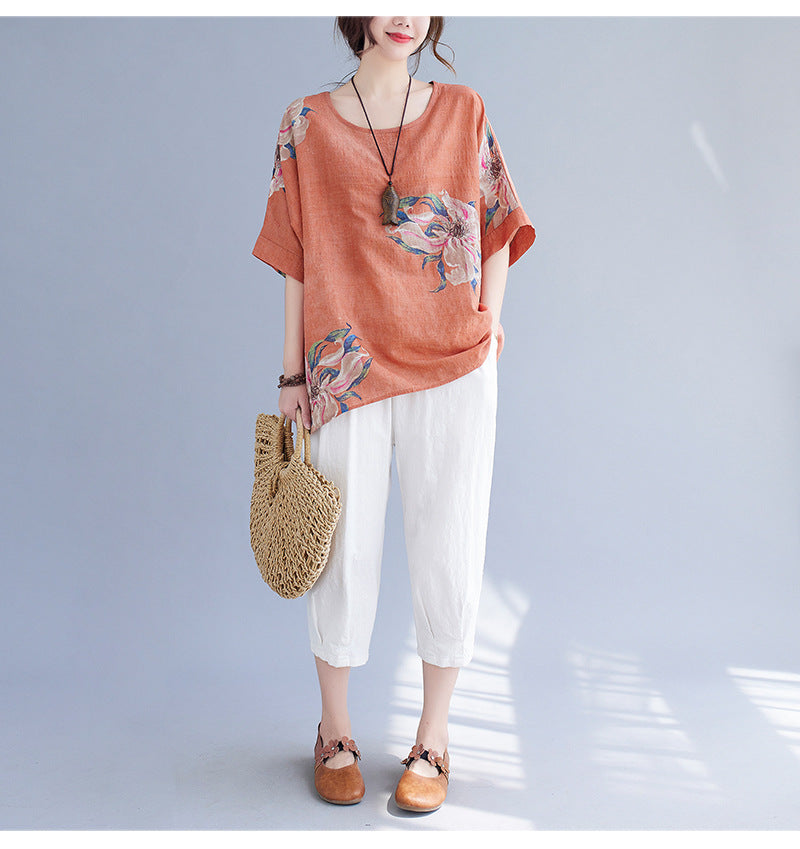 Korean Cotton Hemp Fat Mm Half Sleeve Top Summer-Aria Doejay