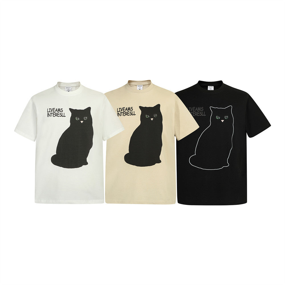 Black Cat Printed Short-sleeved T-shirt For Men-Aria Doejay