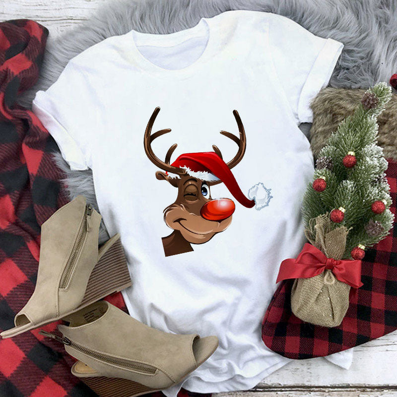 Christmas Lady Short-sleeved T-shirt Cartoon Santa Claus Print Street Casual T-shirt-Aria Doejay