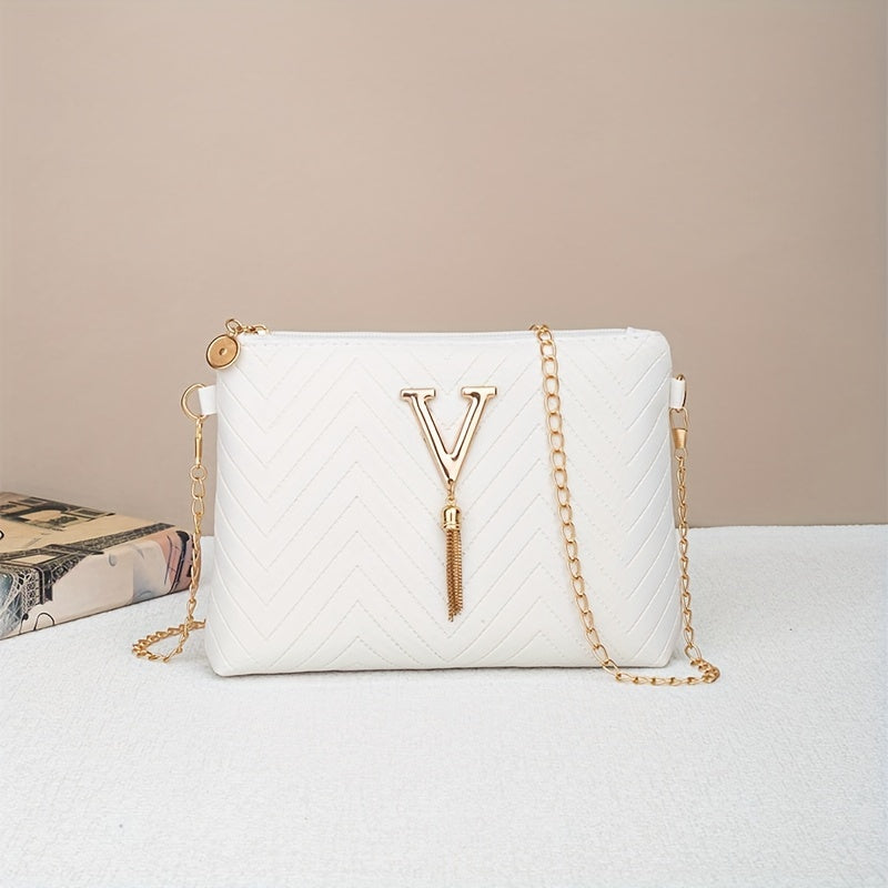 Geometric Quilted Chain-Strap Clutch with Tassel Detail - White PU Material, Zip Closure, Removable Shoulder Strap, Lightweight, Vegan Leather Lining