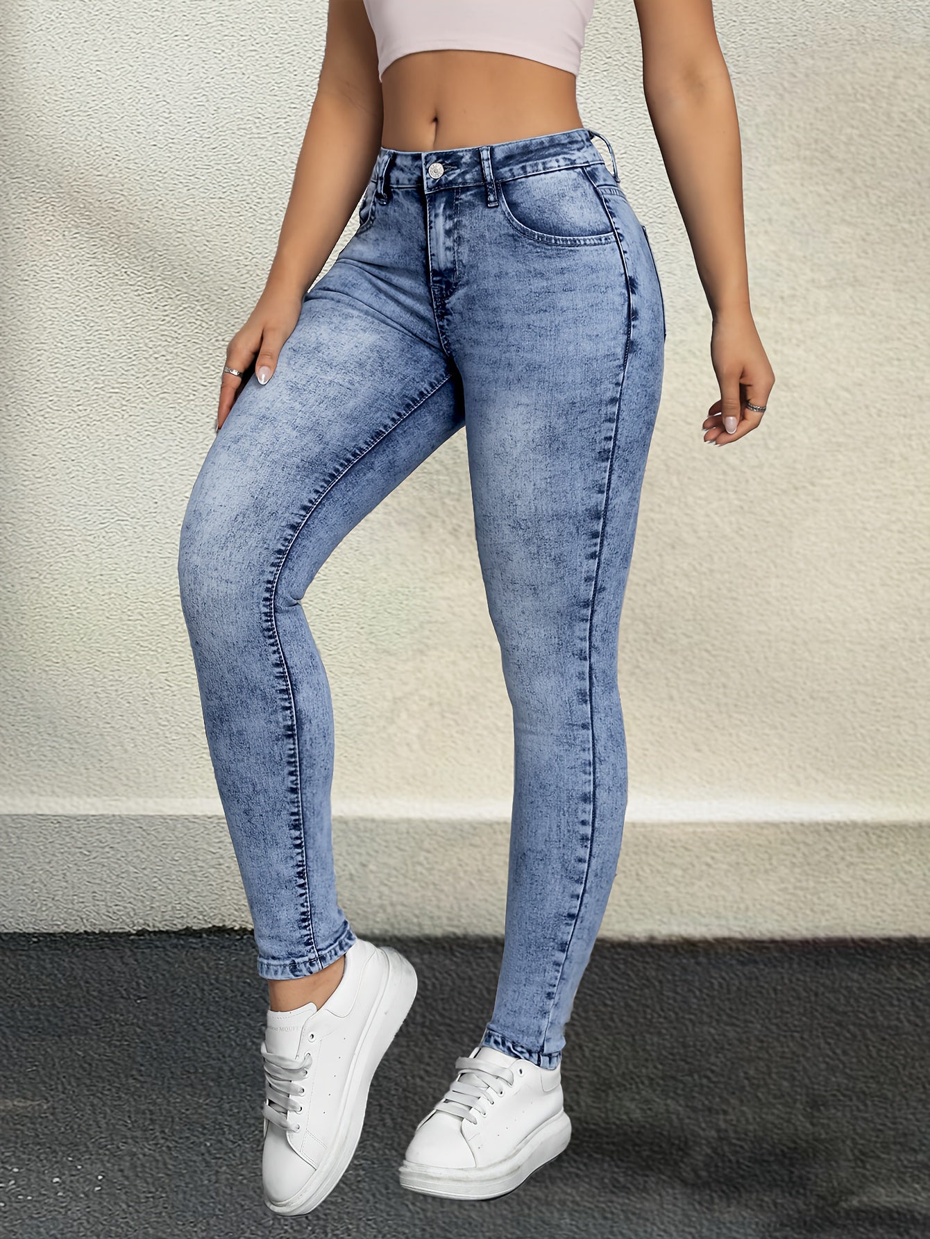 Stretchy High-Waisted Women's Jeans - Comfortable Cotton Blend Pants with Elegant Design, Long Length, Zipper Closure, and Seasonless Style for Everyday Wear