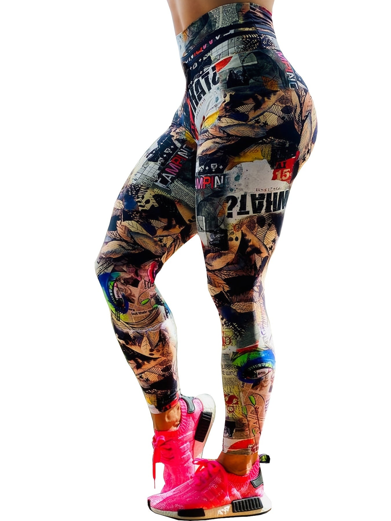 High Elastic Women's Vintage Lips Printing Sports Leggings, High Waist Tight Fitness Running Activewear Pants