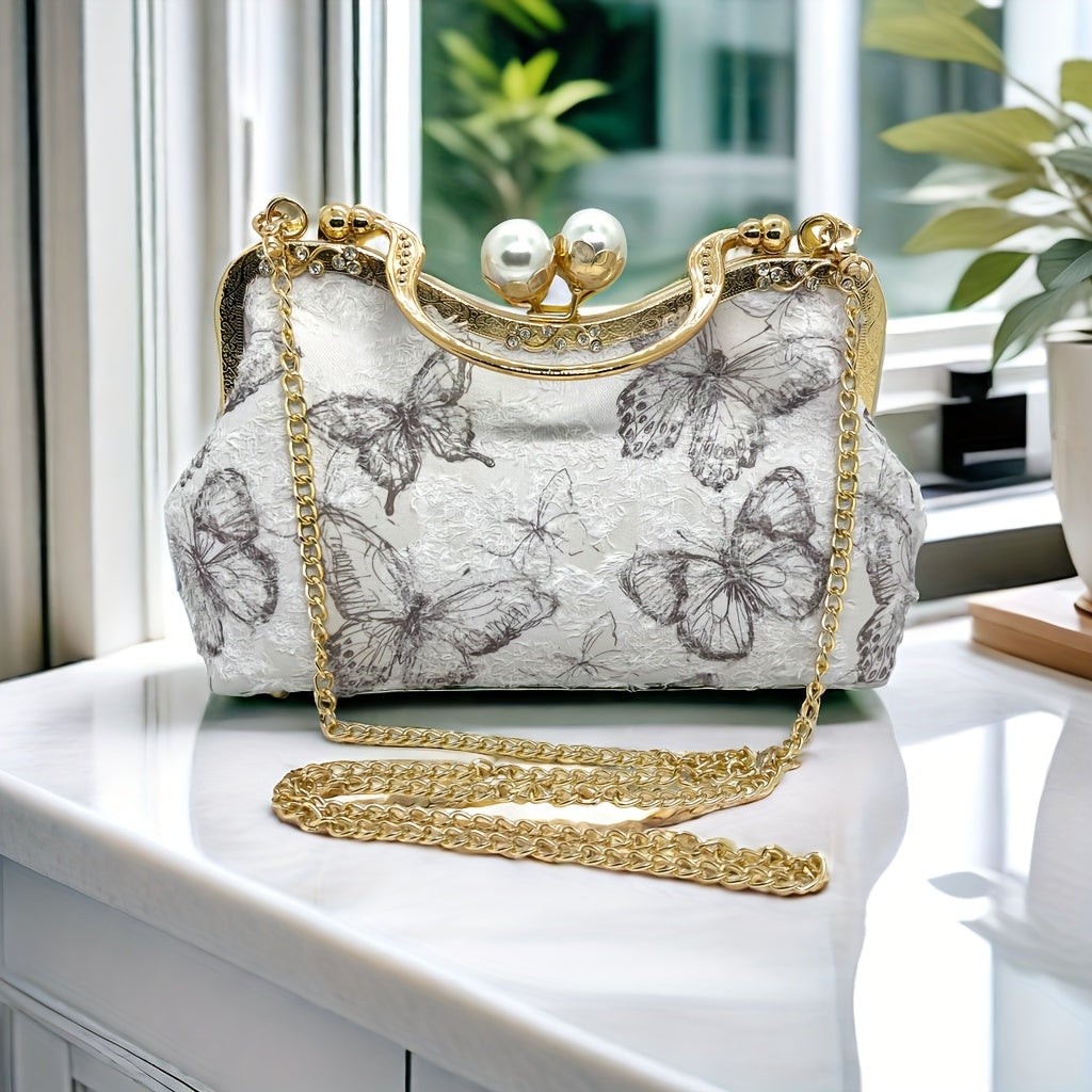 Luxurious White Butterfly Embroidery Evening Bag For Women, Medium Size, Removable Shoulder Strap, Pearl Golden Kiss Lock, Clutch, With Colin Bag